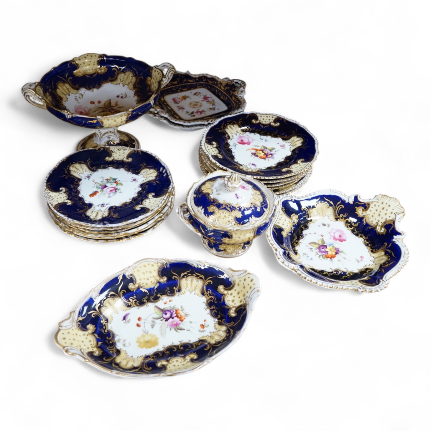 A group of English dessert wares including Coalport. Comport 19cm high. Condition - some wear to gilding.